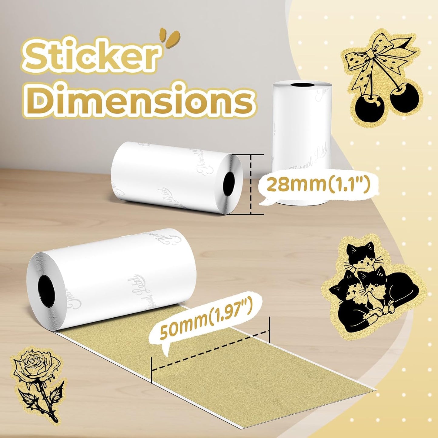 Golden Self-Adhesive Thermal Paper, Glossy Printable Sticker Paper Label for  M02/M02 Pro/M02S/P2S/M04S Mini Sticker Printer, 50Mm X 3.5M, Diameter 28Mm, 3-Rolls