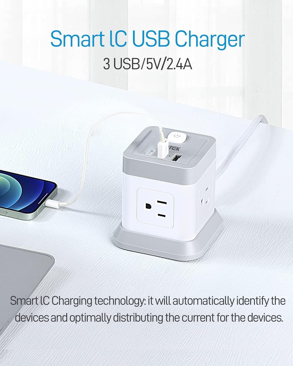 Power Bar with USB,  Flat Plug Extension Cord with 4 Outlets and 3 USB Ports, 5 FT Power Cord Desktop Charging Station, Overload Protection, Compact Portable for Travel Home Office Cruise Ship