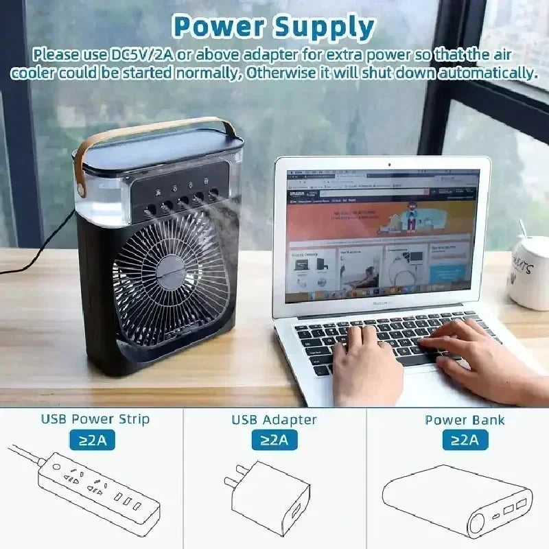 Portable Fan Air Conditioners USB Electric Fan Air Cooler LED Night Light Water Mist Fun 3 in 1 Air Humidifier for Home