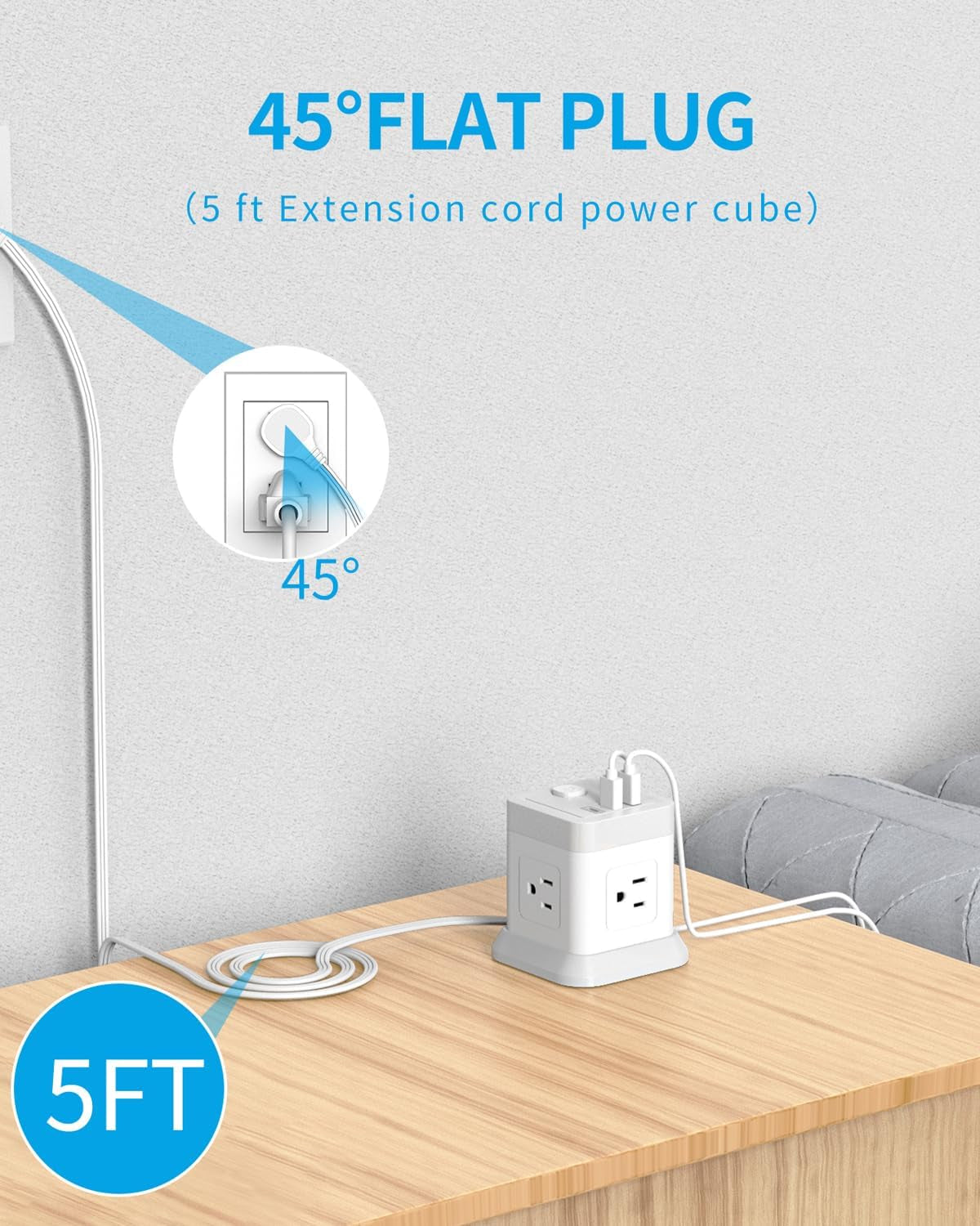Power Bar with USB,  Flat Plug Extension Cord with 4 Outlets and 3 USB Ports, 5 FT Power Cord Desktop Charging Station, Overload Protection, Compact Portable for Travel Home Office Cruise Ship