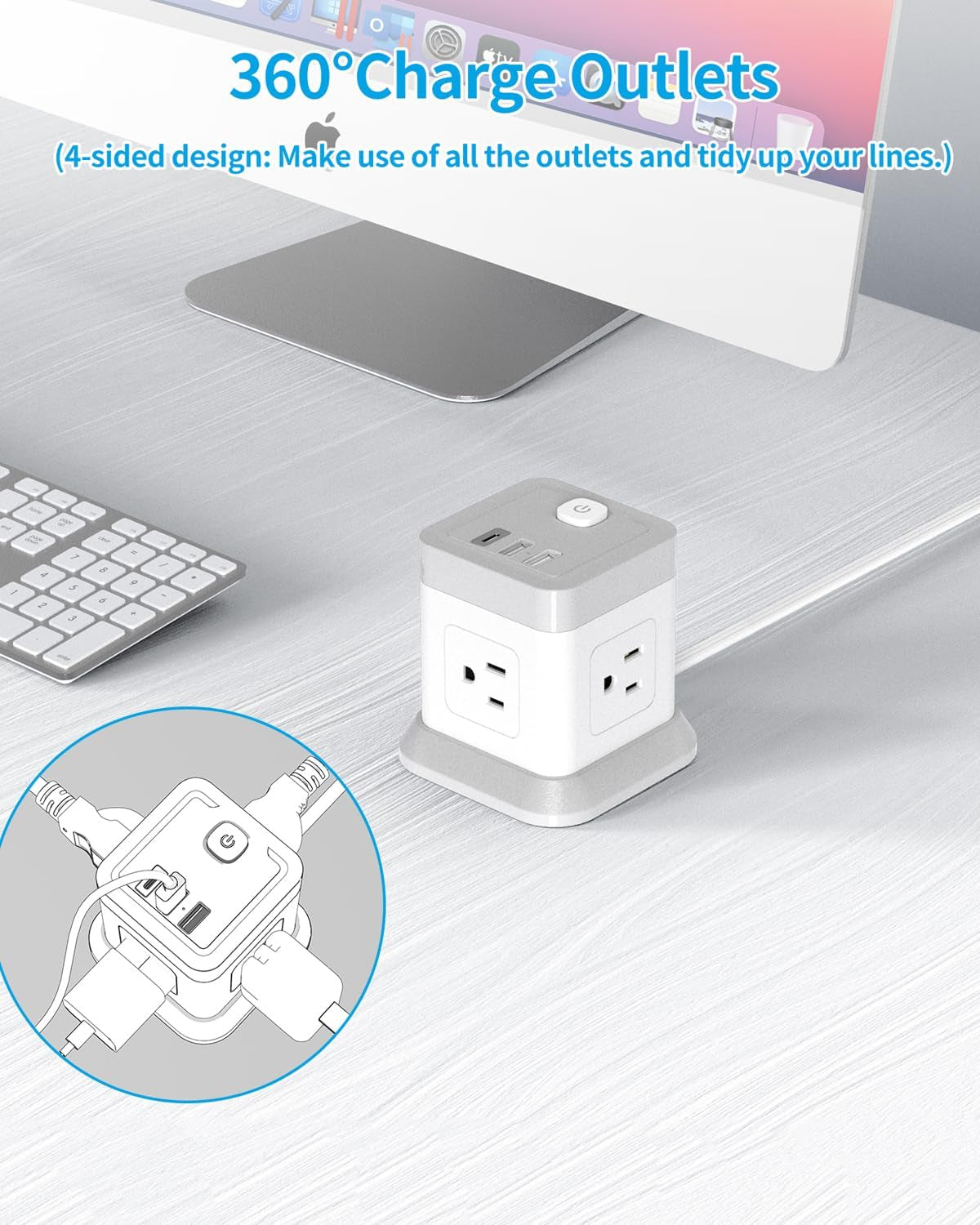 Power Bar with USB,  Flat Plug Extension Cord with 4 Outlets and 3 USB Ports, 5 FT Power Cord Desktop Charging Station, Overload Protection, Compact Portable for Travel Home Office Cruise Ship