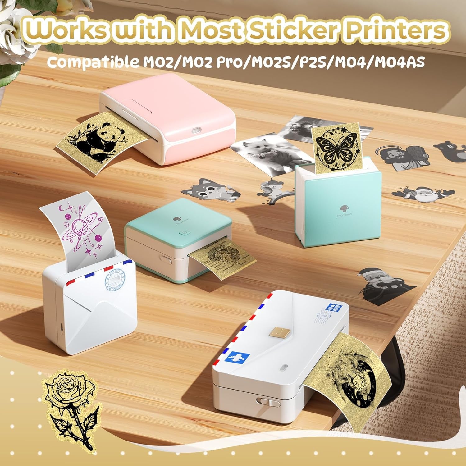 Golden Self-Adhesive Thermal Paper, Glossy Printable Sticker Paper Label for  M02/M02 Pro/M02S/P2S/M04S Mini Sticker Printer, 50Mm X 3.5M, Diameter 28Mm, 3-Rolls