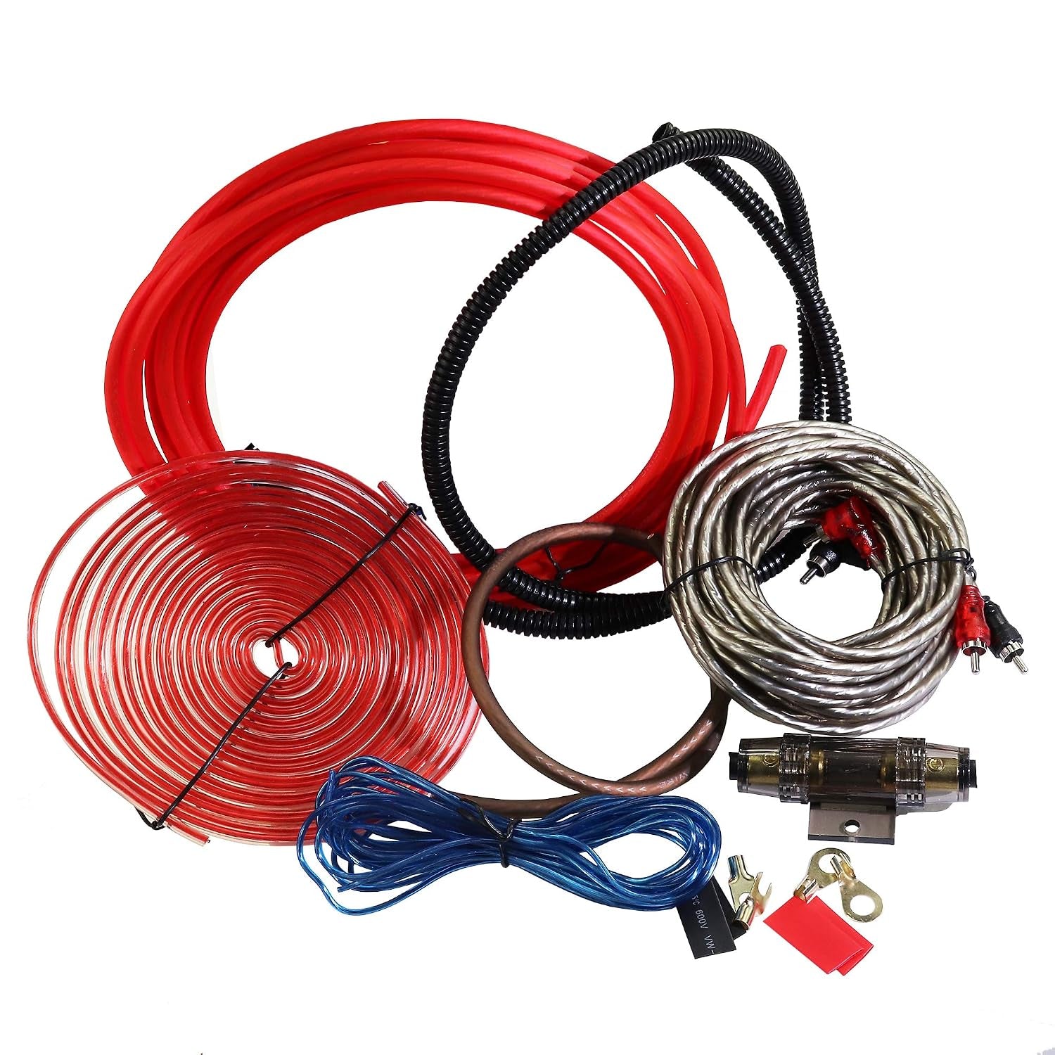 8 Gauge 1000W High-Performance Complete Amplifier Wiring Kit - with 60A AGU Fuse Holder, 17Ft Power/Ground Wire, Blue RCA & Speaker Cables | for Professional Car Audio Safe Installation